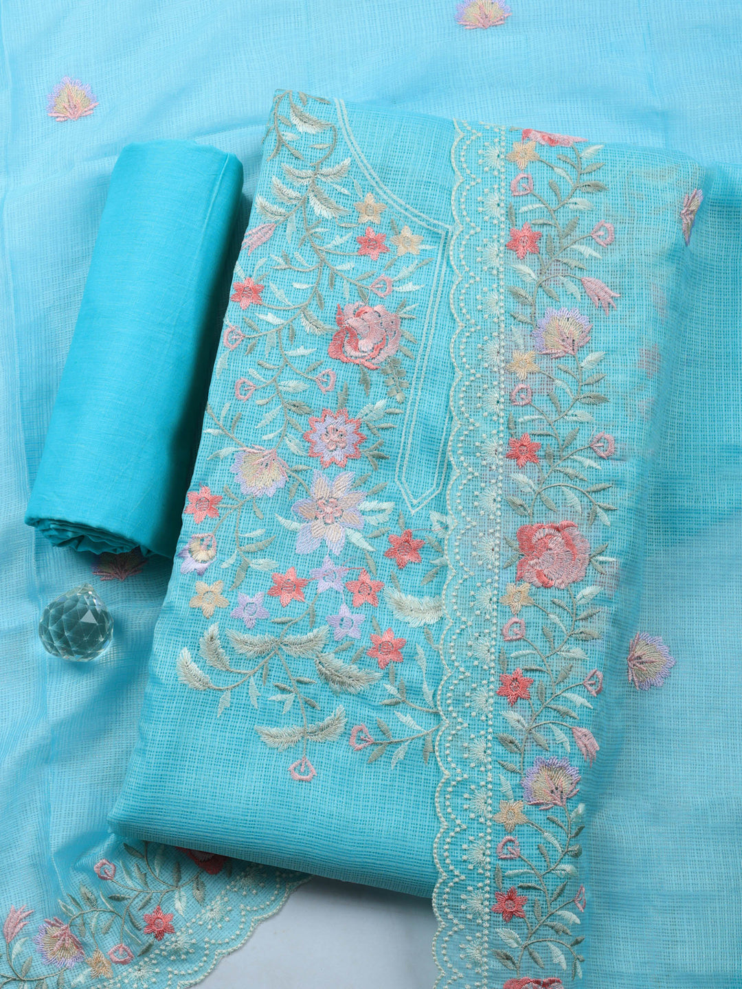 Sea Green Embroidered Cotton Blend Unstitched Suit &amp; Pant With Cotton Dupatta