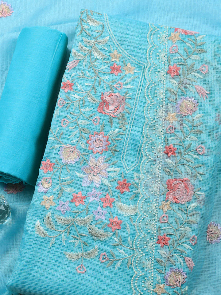 Sea Green Embroidered Cotton Blend Unstitched Suit &amp; Pant With Cotton Dupatta