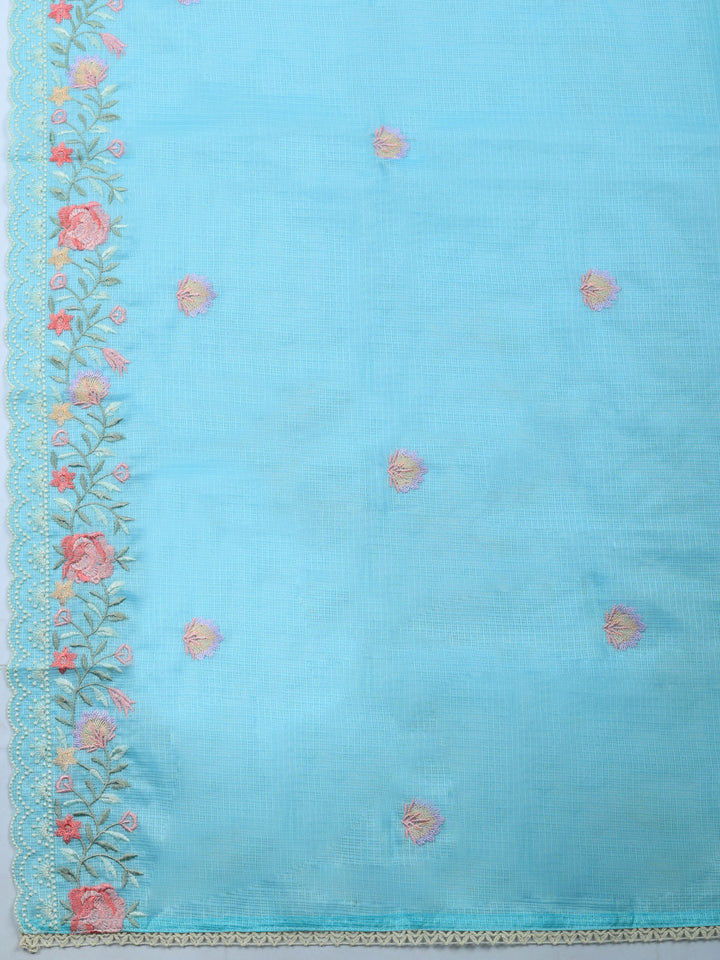 Sea Green Embroidered Cotton Blend Unstitched Suit &amp; Pant With Cotton Dupatta