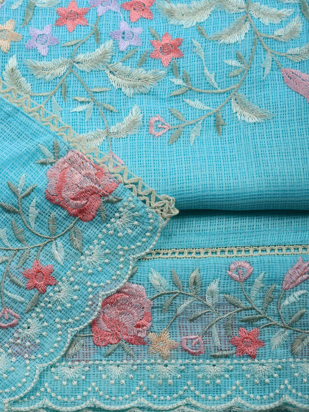 Sea Green Embroidered Cotton Blend Unstitched Suit &amp; Pant With Cotton Dupatta