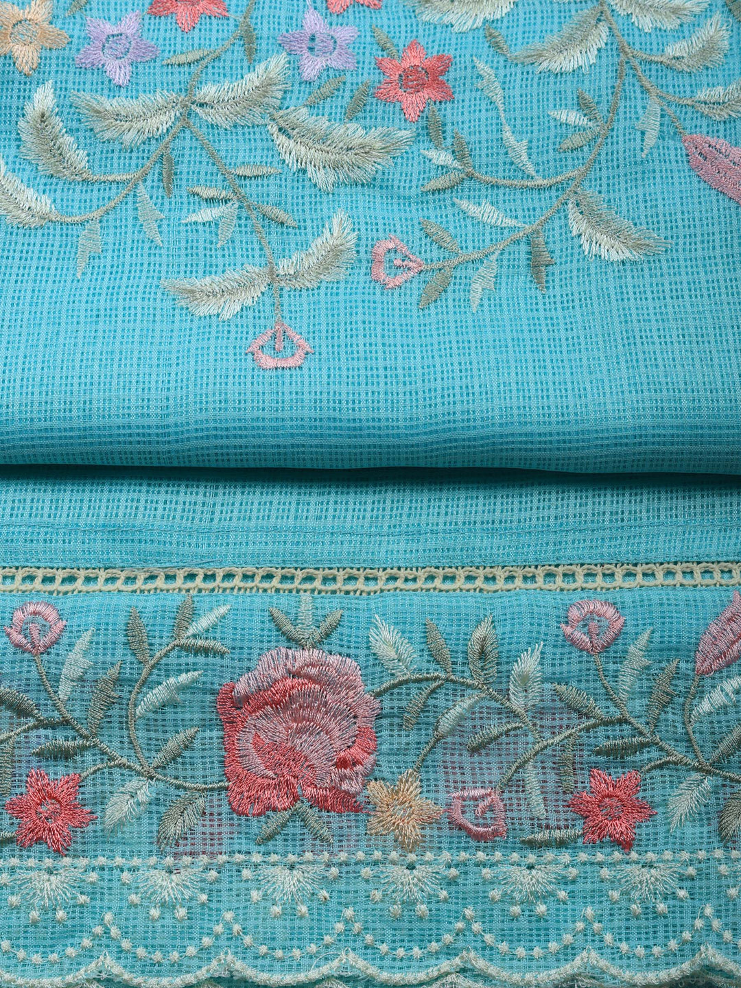 Sea Green Embroidered Cotton Blend Unstitched Suit &amp; Pant With Cotton Dupatta