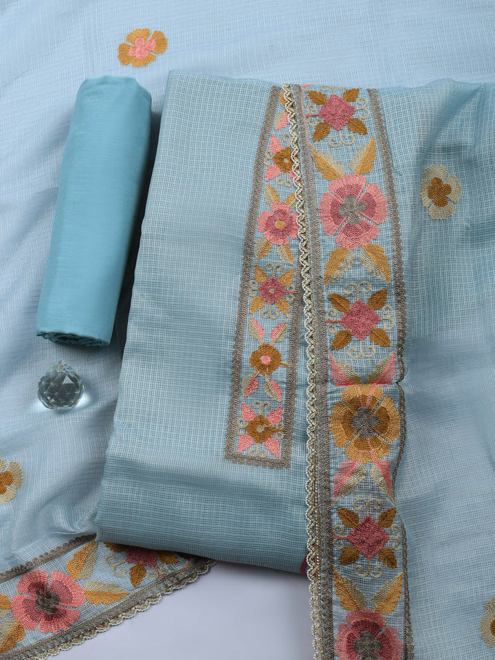 Grey Embroidered Cotton Blend Unstitched Suit &amp; Pant With Cotton Dupatta