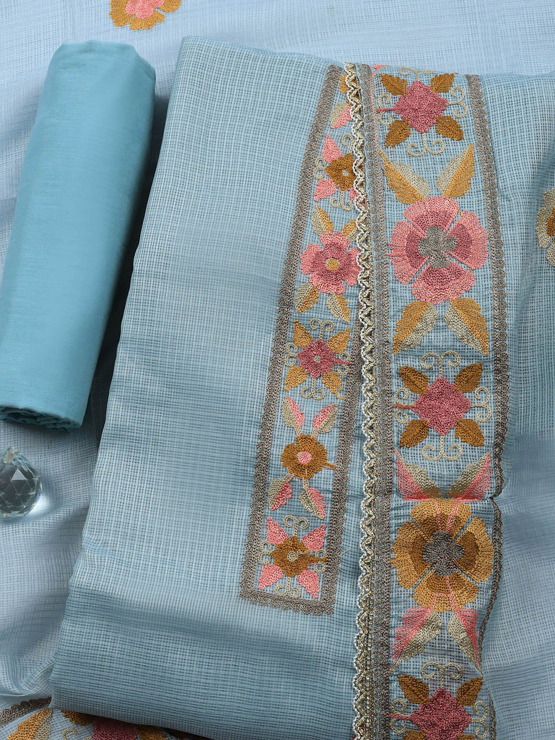 Grey Embroidered Cotton Blend Unstitched Suit &amp; Pant With Cotton Dupatta