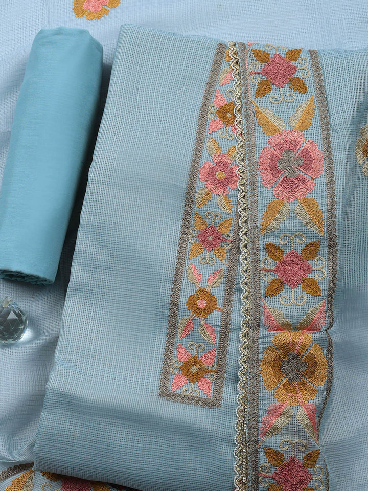 Grey Embroidered Cotton Blend Unstitched Suit &amp; Pant With Cotton Dupatta