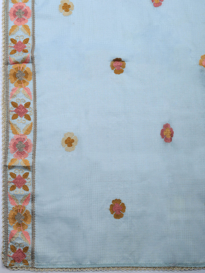 Grey Embroidered Cotton Blend Unstitched Suit &amp; Pant With Cotton Dupatta