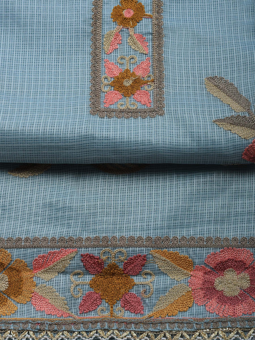 Grey Embroidered Cotton Blend Unstitched Suit &amp; Pant With Cotton Dupatta