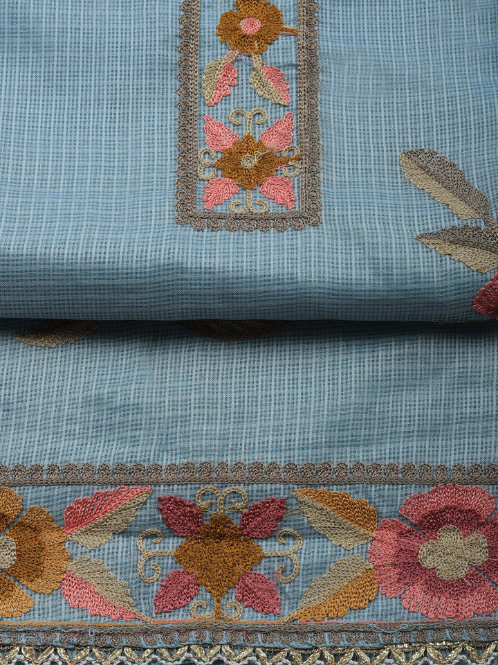 Grey Embroidered Cotton Blend Unstitched Suit &amp; Pant With Cotton Dupatta
