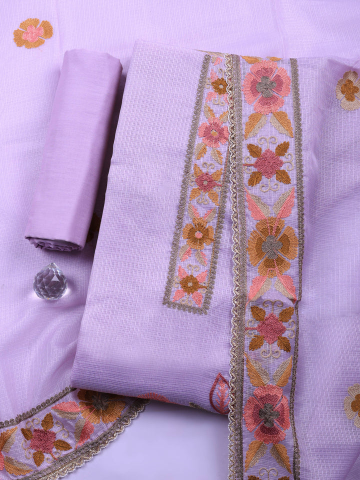 Lavender Embroidered Cotton Blend Unstitched Suit &amp; Pant With Cotton Dupatta