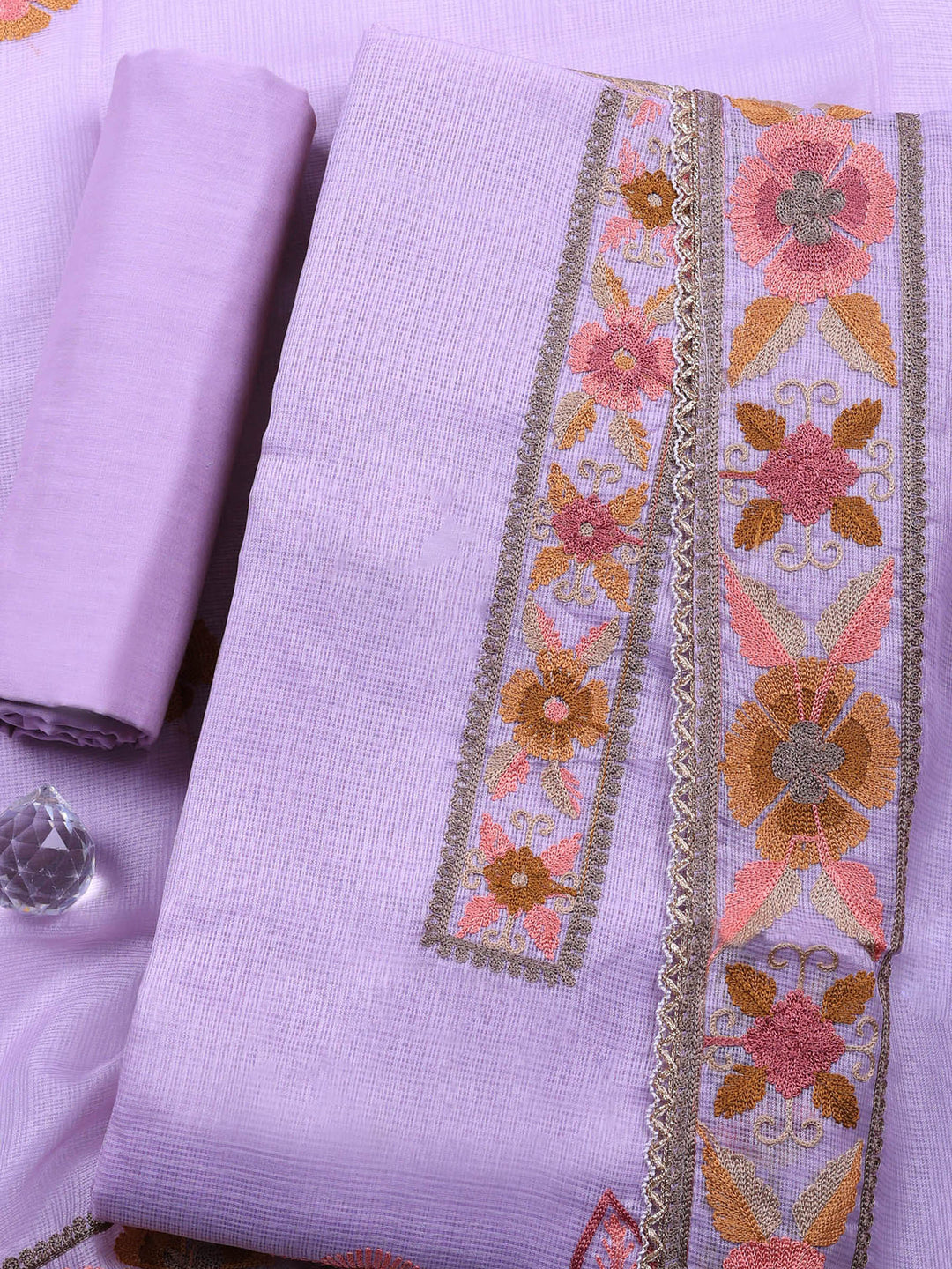 Lavender Embroidered Cotton Blend Unstitched Suit &amp; Pant With Cotton Dupatta