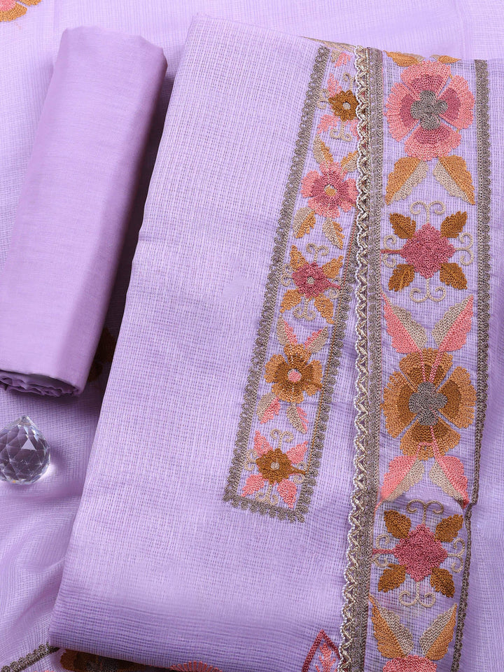 Lavender Embroidered Cotton Blend Unstitched Suit &amp; Pant With Cotton Dupatta