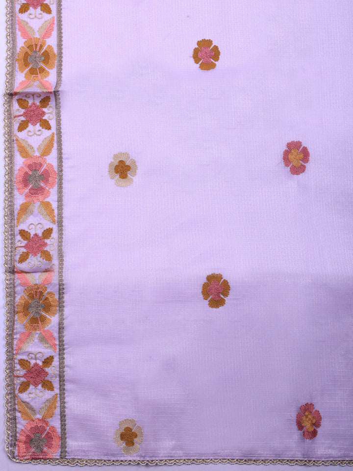Lavender Embroidered Cotton Blend Unstitched Suit &amp; Pant With Cotton Dupatta