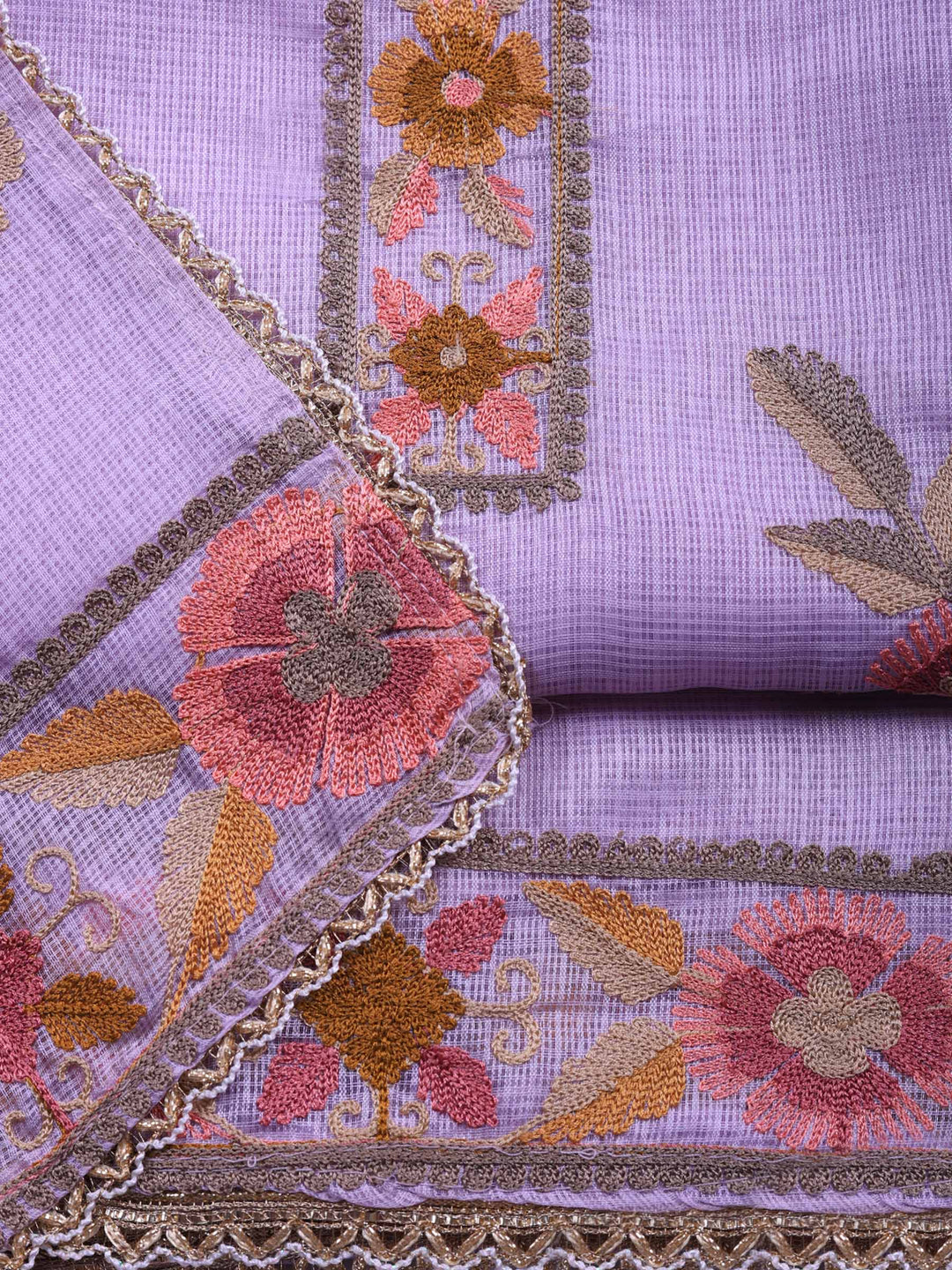 Lavender Embroidered Cotton Blend Unstitched Suit &amp; Pant With Cotton Dupatta