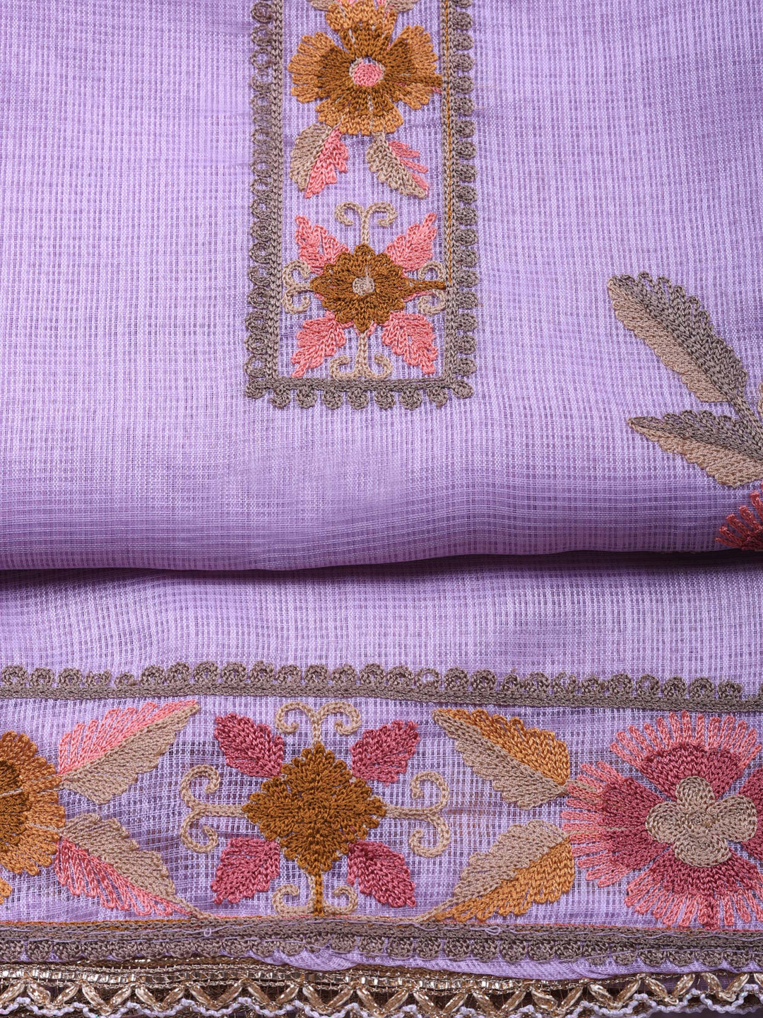 Lavender Embroidered Cotton Blend Unstitched Suit &amp; Pant With Cotton Dupatta