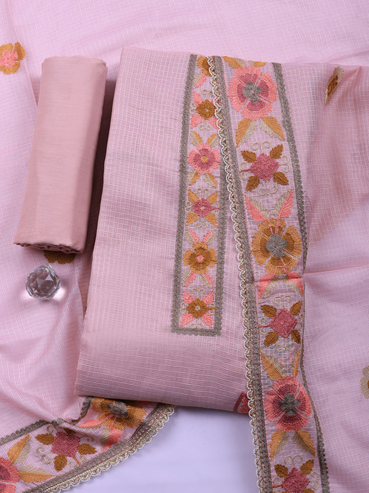 Peach Embroidered Cotton Blend Unstitched Suit &amp; Pant With Cotton Dupatta