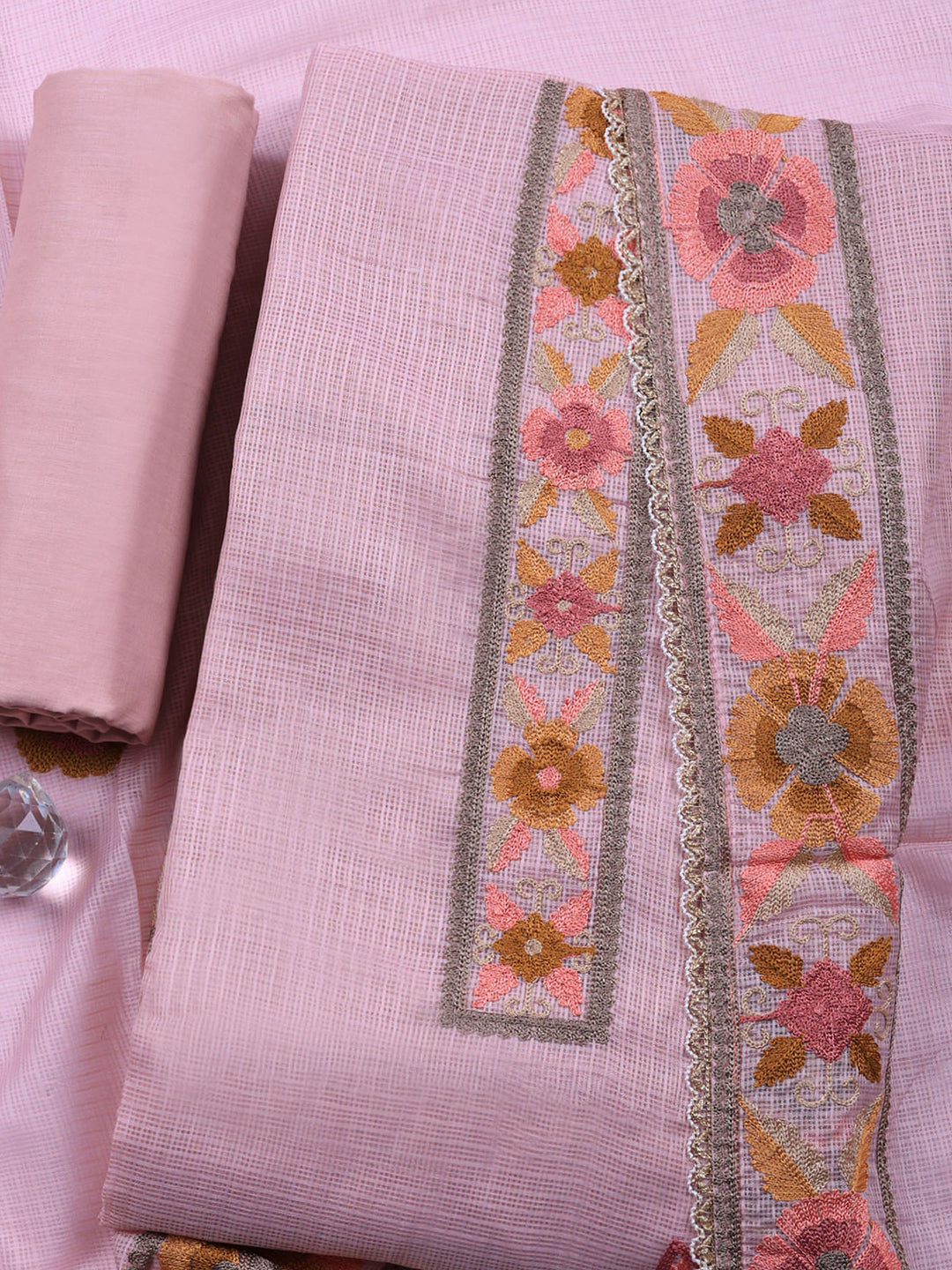 Peach Embroidered Cotton Blend Unstitched Suit &amp; Pant With Cotton Dupatta