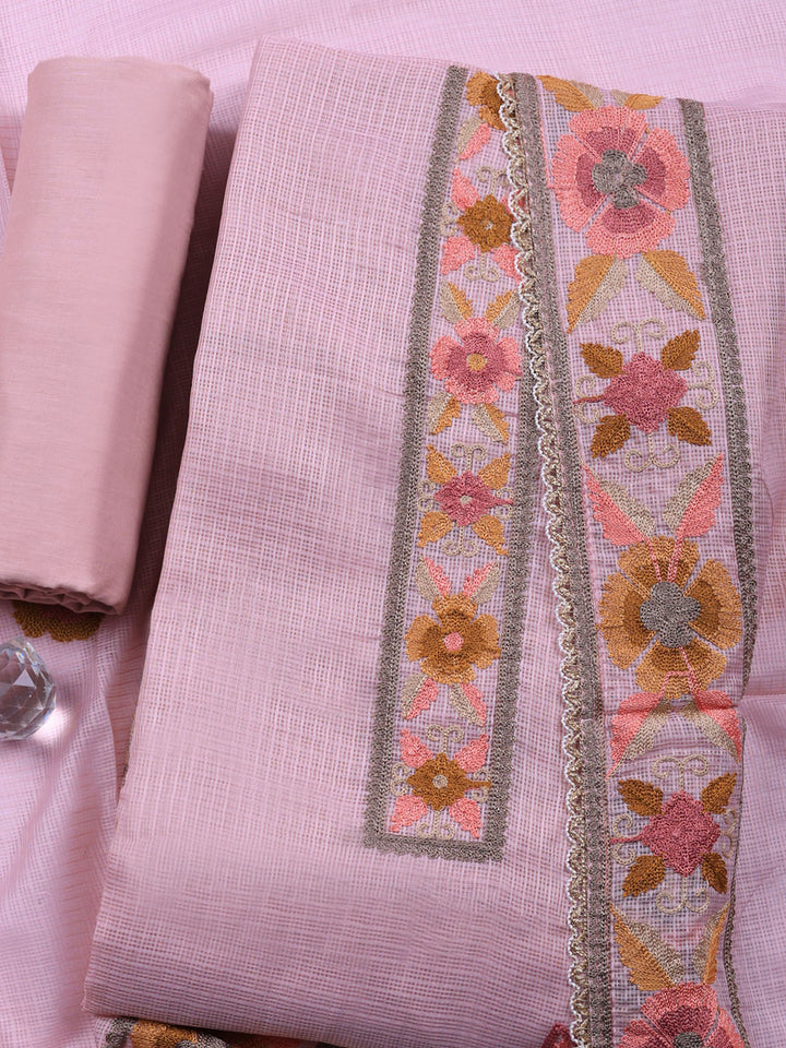 Peach Embroidered Cotton Blend Unstitched Suit &amp; Pant With Cotton Dupatta