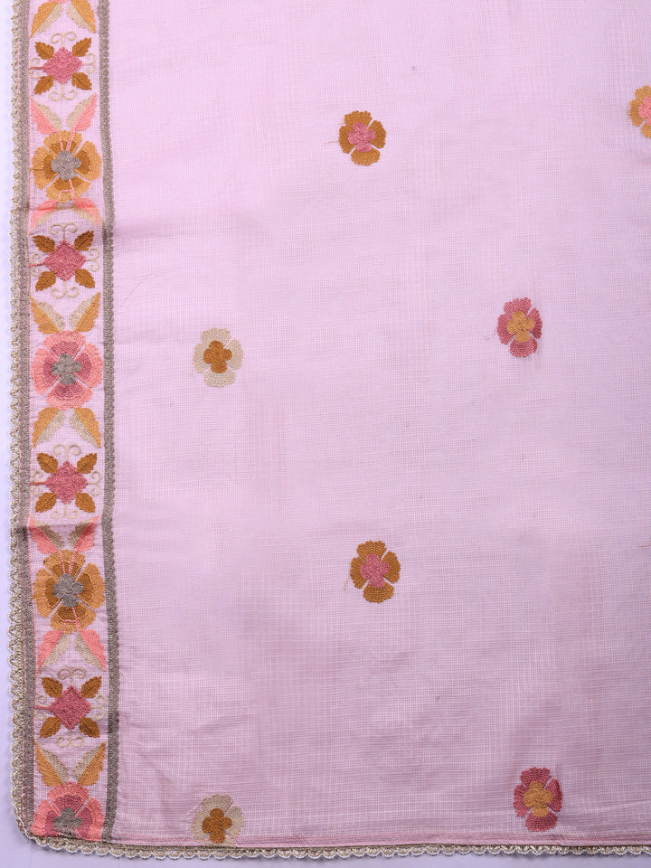 Peach Embroidered Cotton Blend Unstitched Suit &amp; Pant With Cotton Dupatta