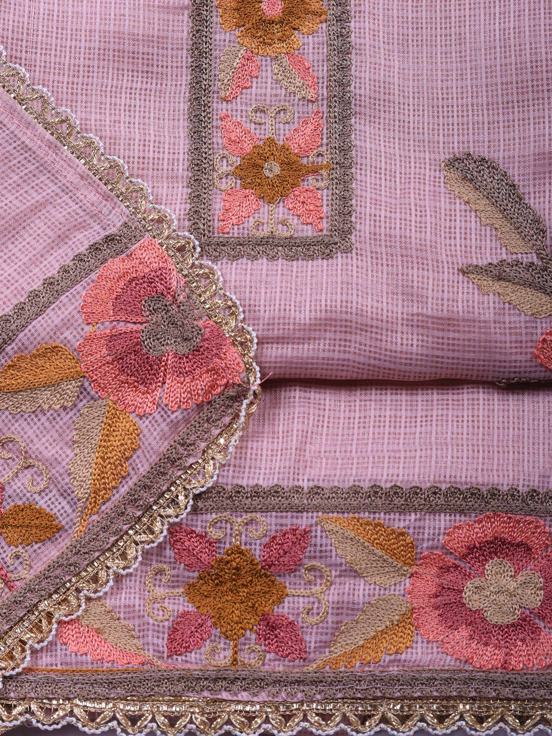 Peach Embroidered Cotton Blend Unstitched Suit &amp; Pant With Cotton Dupatta