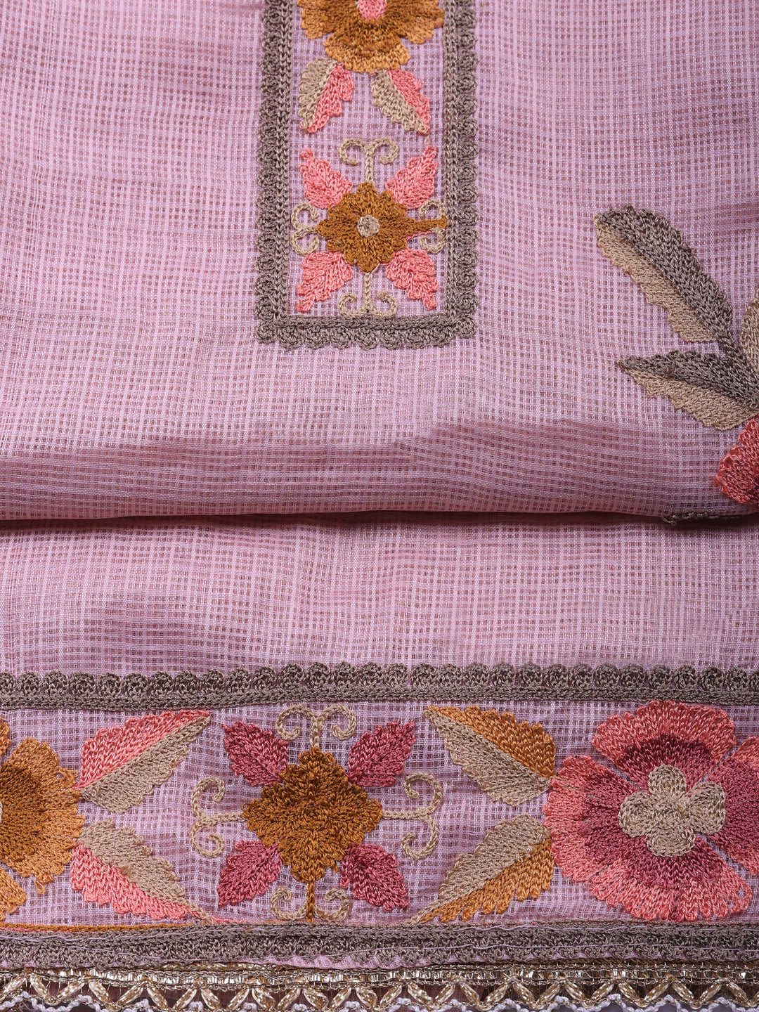 Peach Embroidered Cotton Blend Unstitched Suit &amp; Pant With Cotton Dupatta