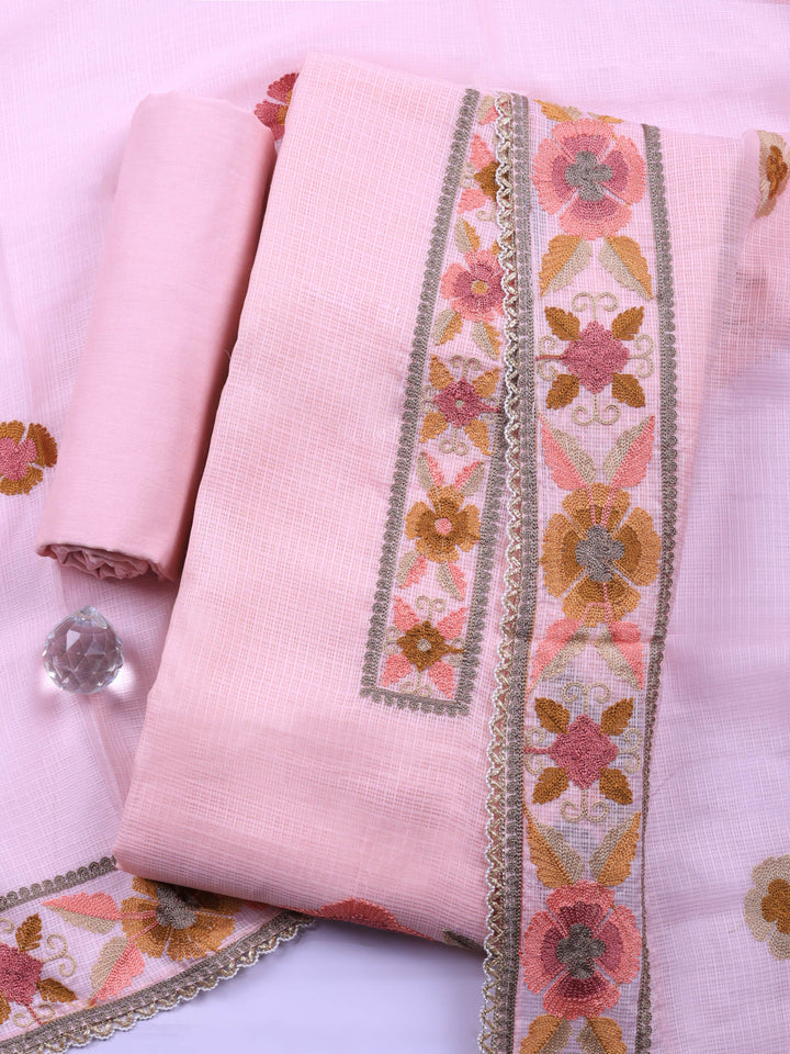 Pink Embroidered Cotton Blend Unstitched Suit &amp; Pant With Cotton Dupatta