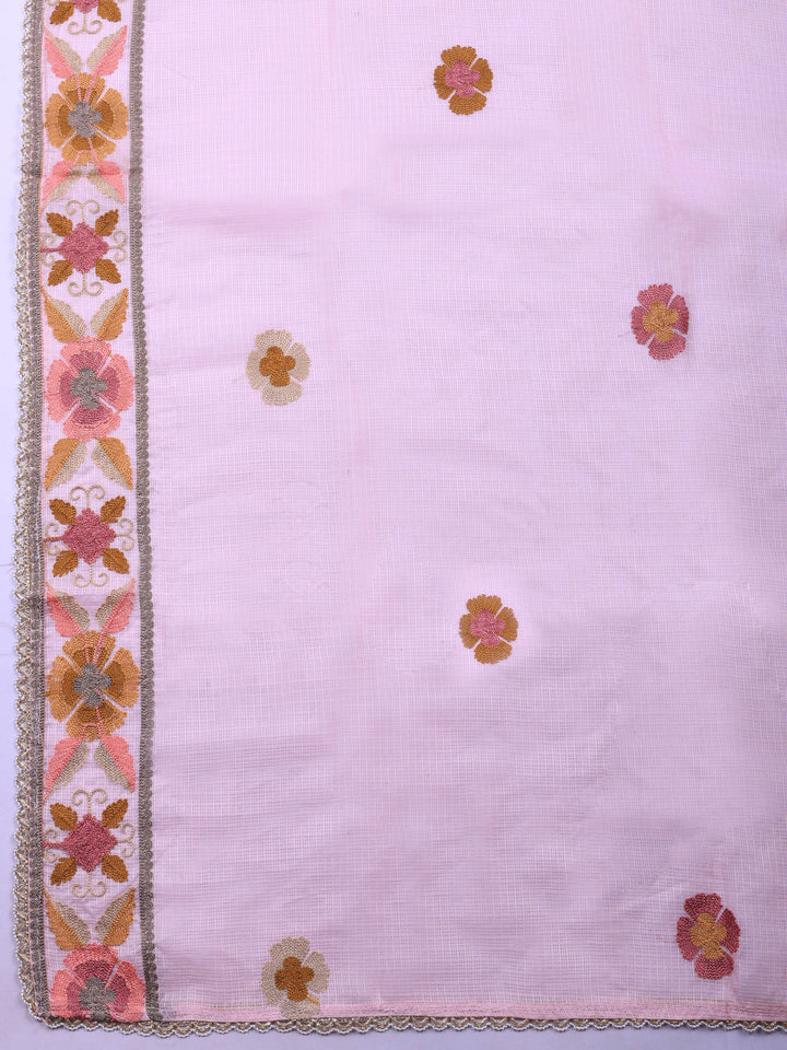 Pink Embroidered Cotton Blend Unstitched Suit &amp; Pant With Cotton Dupatta