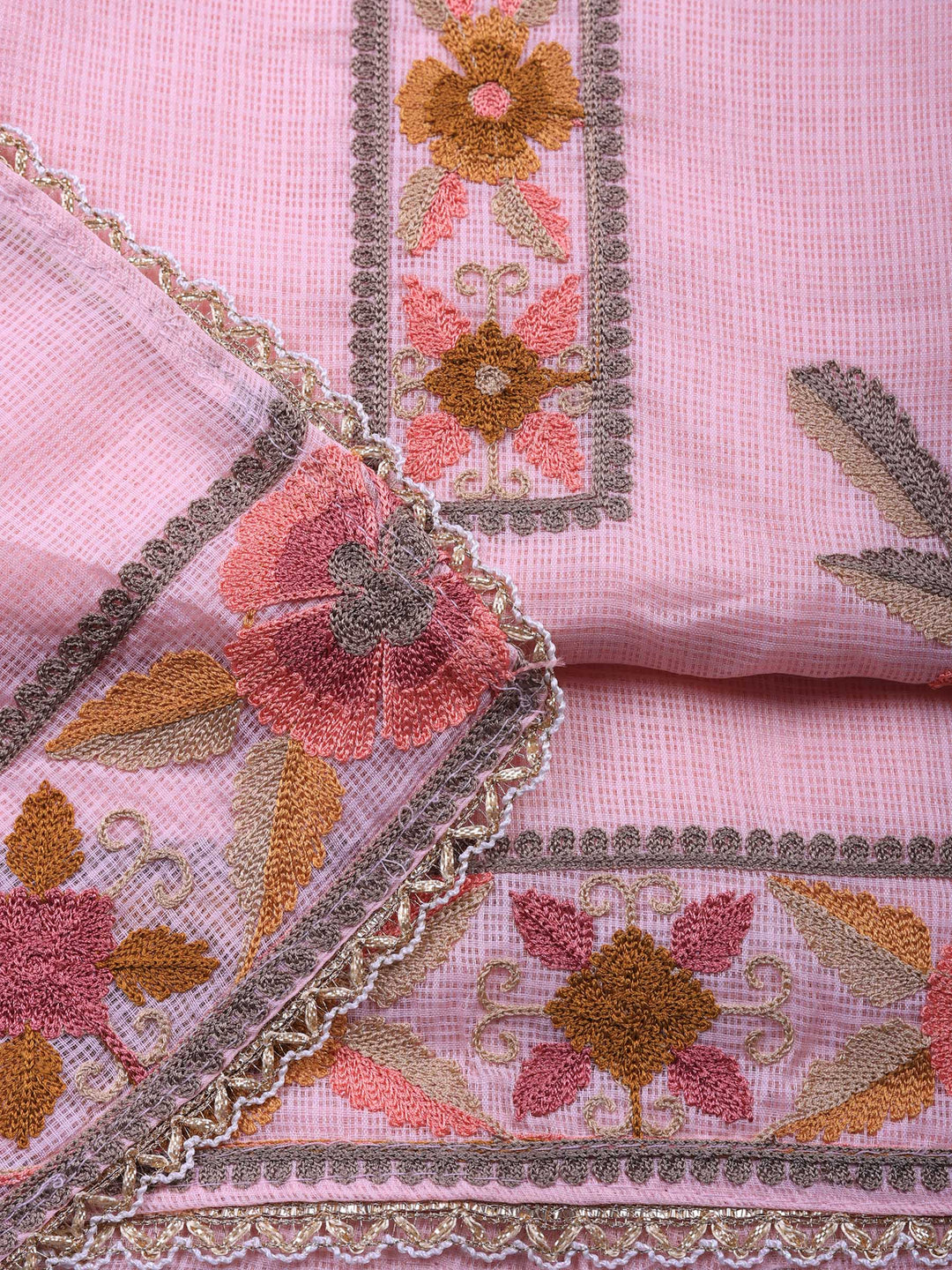 Pink Embroidered Cotton Blend Unstitched Suit &amp; Pant With Cotton Dupatta