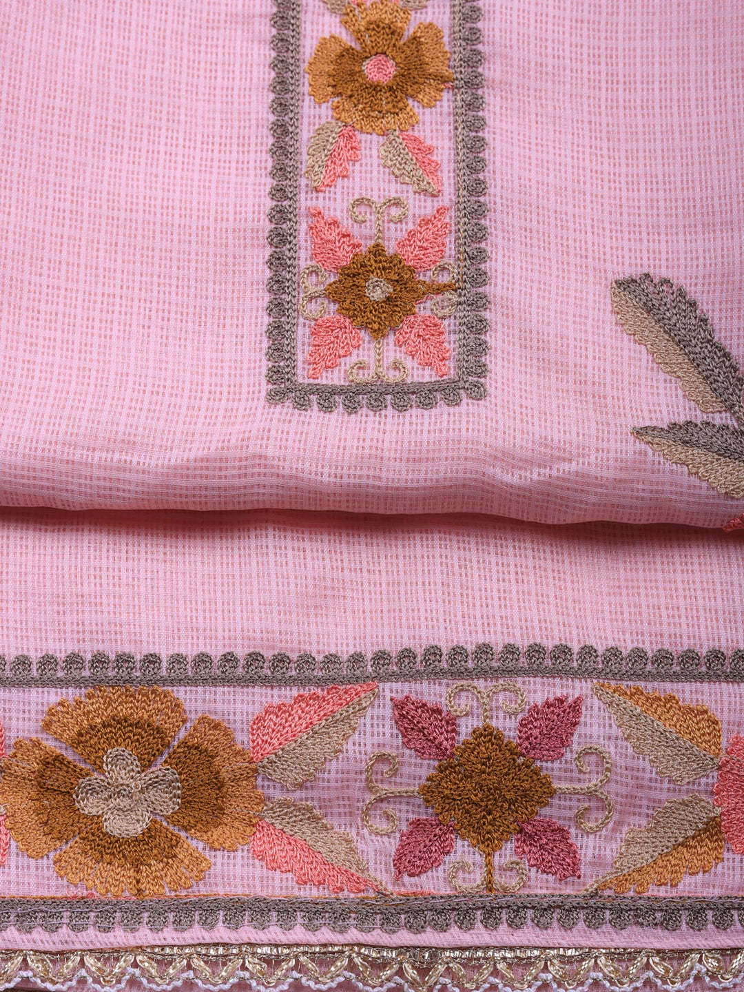Pink Embroidered Cotton Blend Unstitched Suit &amp; Pant With Cotton Dupatta
