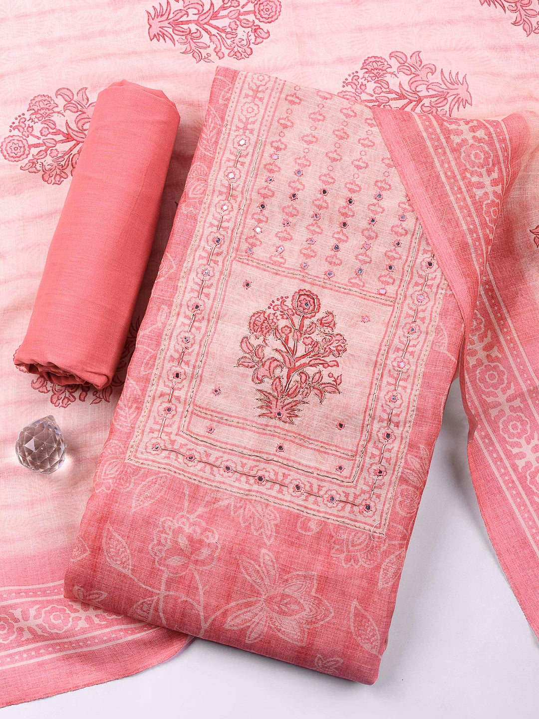 Pink Printed Cotton Blend Unstitched Suit &amp; Pant With Cotton Dupatta