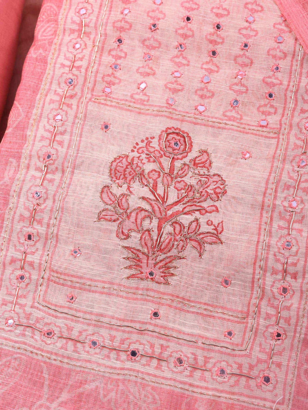 Pink Printed Cotton Blend Unstitched Suit &amp; Pant With Cotton Dupatta