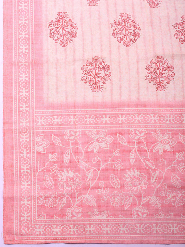 Pink Printed Cotton Blend Unstitched Suit &amp; Pant With Cotton Dupatta