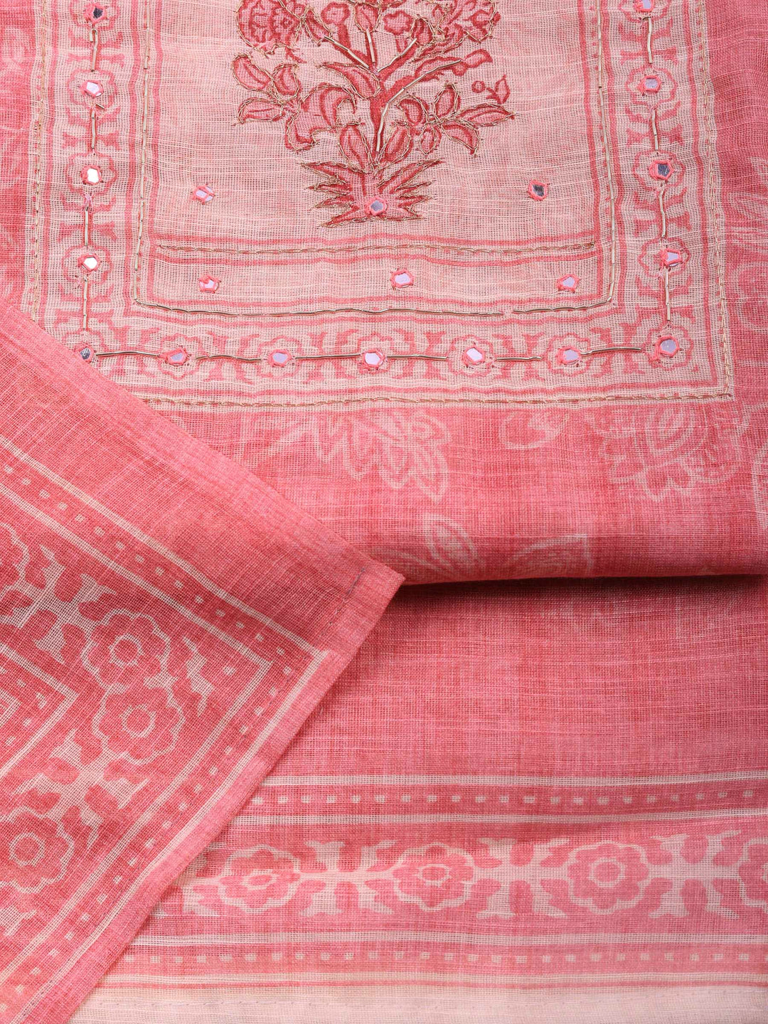 Pink Printed Cotton Blend Unstitched Suit &amp; Pant With Cotton Dupatta