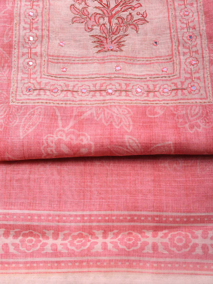 Pink Printed Cotton Blend Unstitched Suit &amp; Pant With Cotton Dupatta