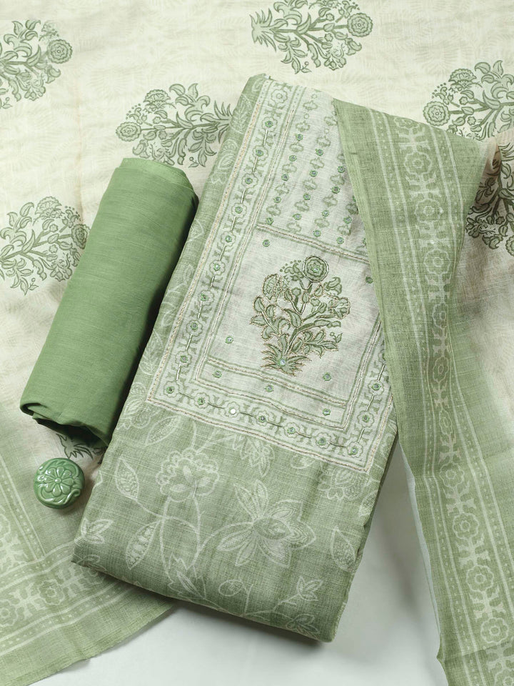 Pista Green Printed Cotton Blend Unstitched Suit &amp; Pant With Cotton Dupatta