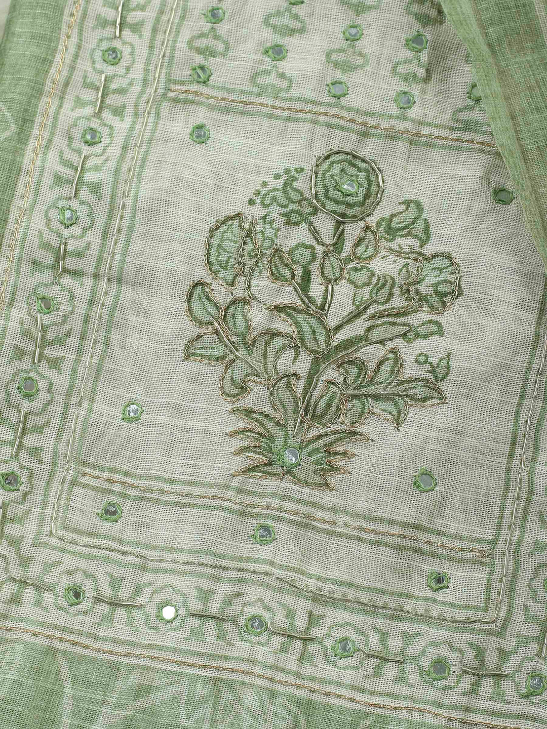 Pista Green Printed Cotton Blend Unstitched Suit &amp; Pant With Cotton Dupatta