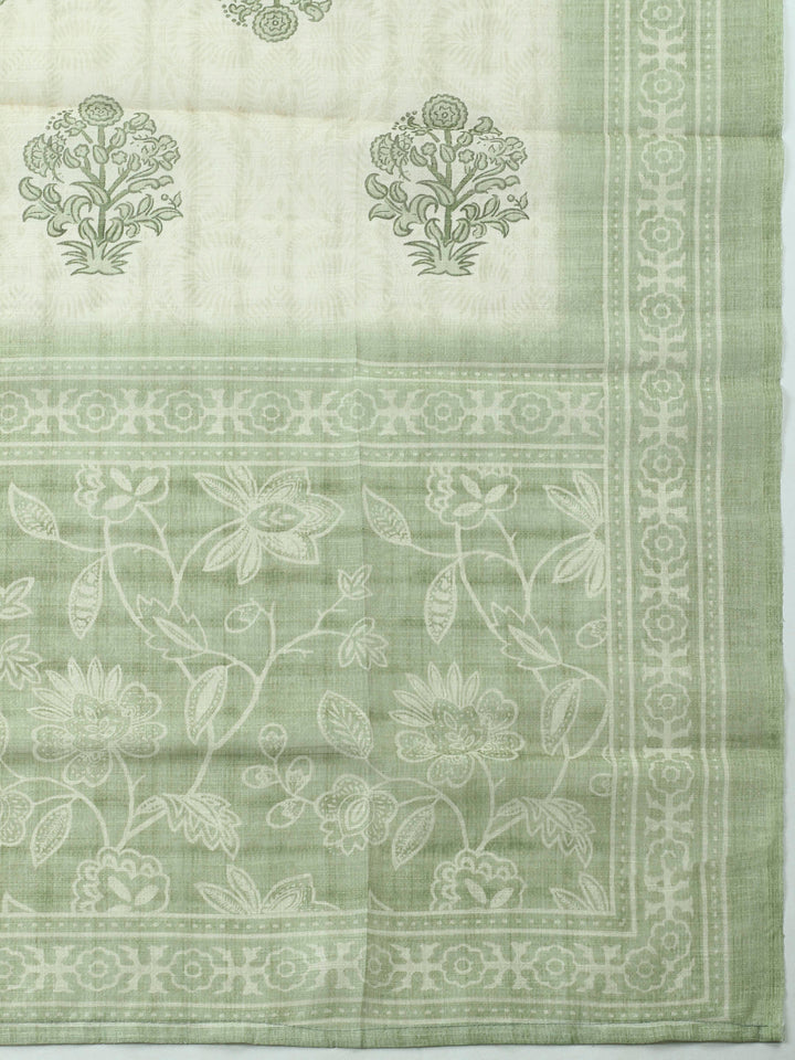 Pista Green Printed Cotton Blend Unstitched Suit &amp; Pant With Cotton Dupatta