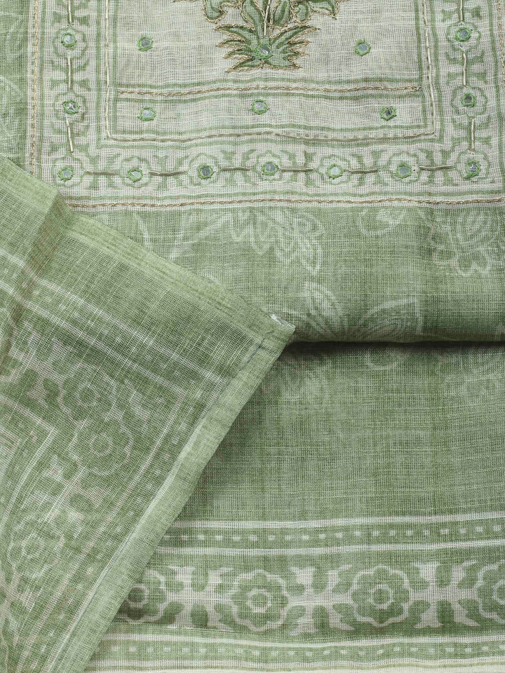 Pista Green Printed Cotton Blend Unstitched Suit &amp; Pant With Cotton Dupatta