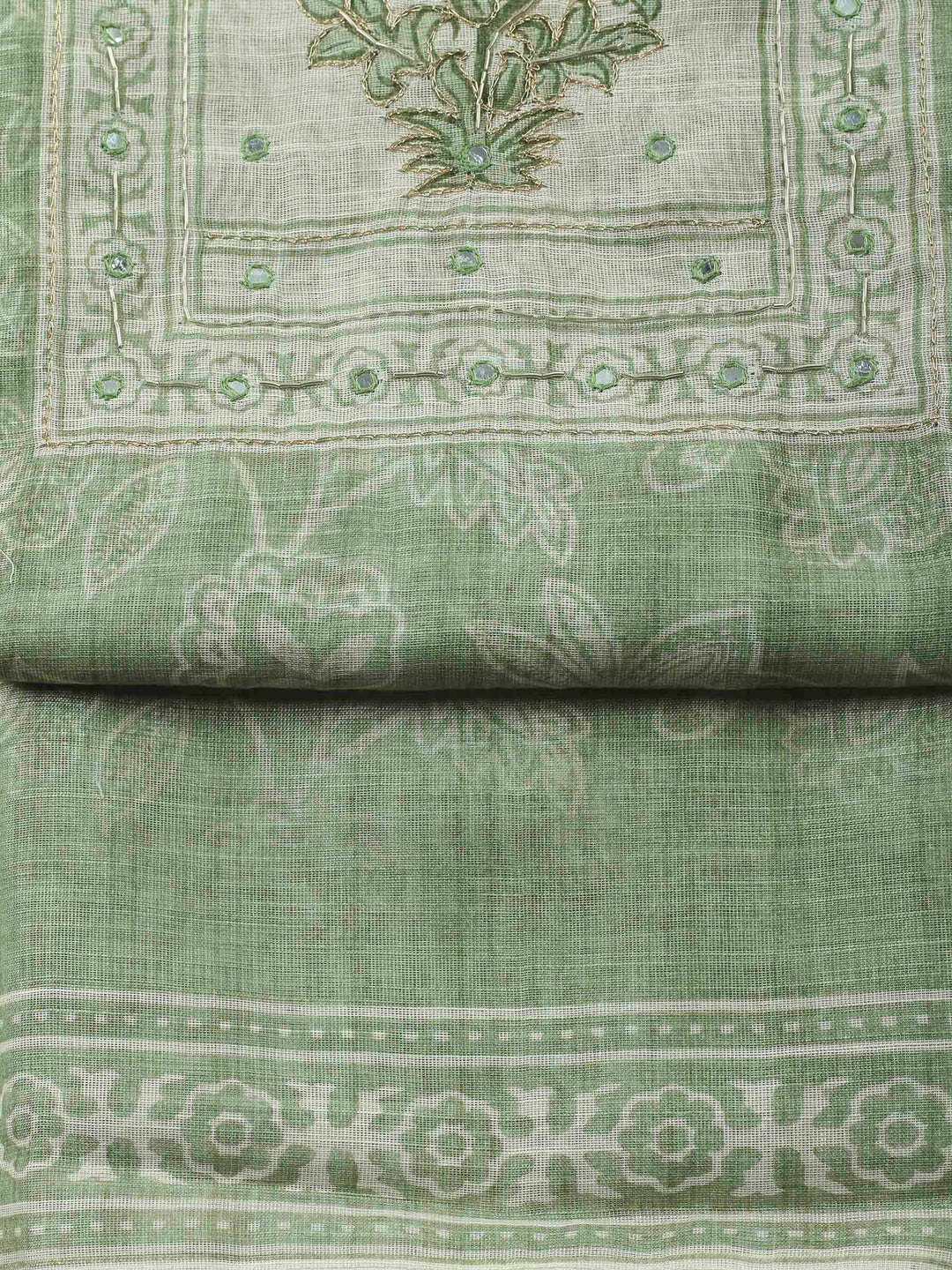 Pista Green Printed Cotton Blend Unstitched Suit &amp; Pant With Cotton Dupatta