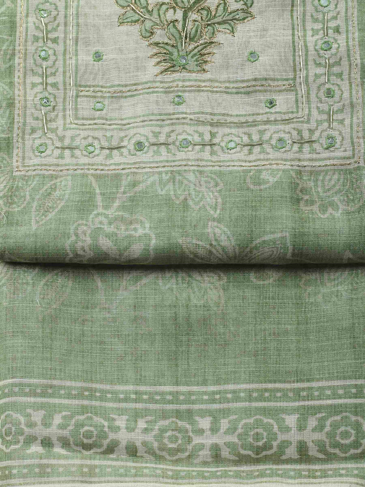 Pista Green Printed Cotton Blend Unstitched Suit &amp; Pant With Cotton Dupatta