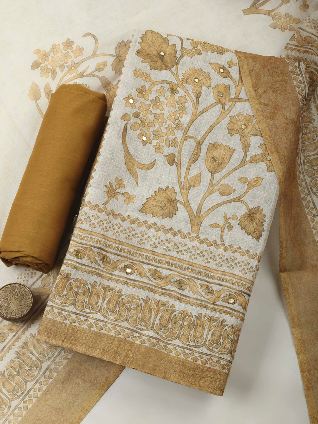Mustard Printed Linen Unstitched Dress Material