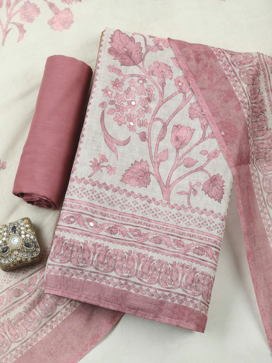 Pink Printed Linen Unstitched Dress Material