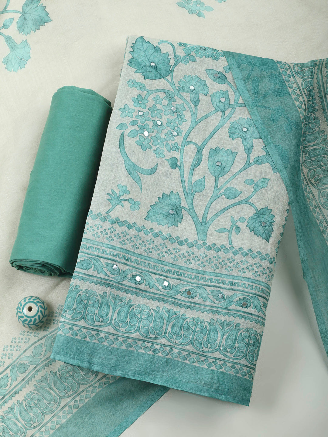 Sea Green Printed Linen Unstitched Dress Material
