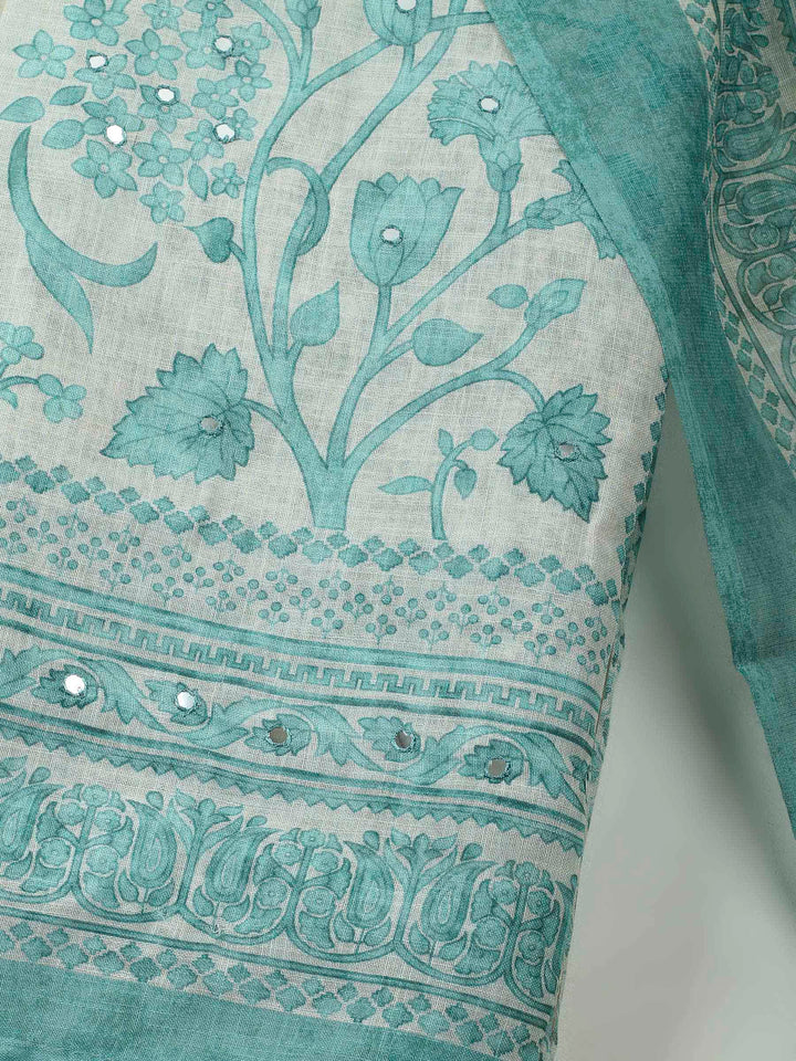 Sea Green Printed Linen Unstitched Dress Material