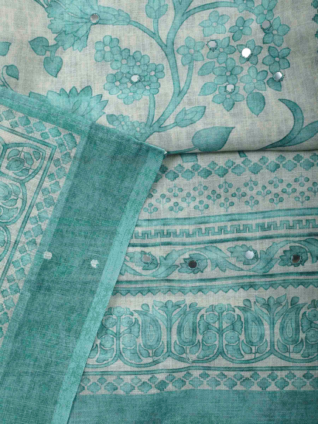 Sea Green Printed Linen Unstitched Dress Material