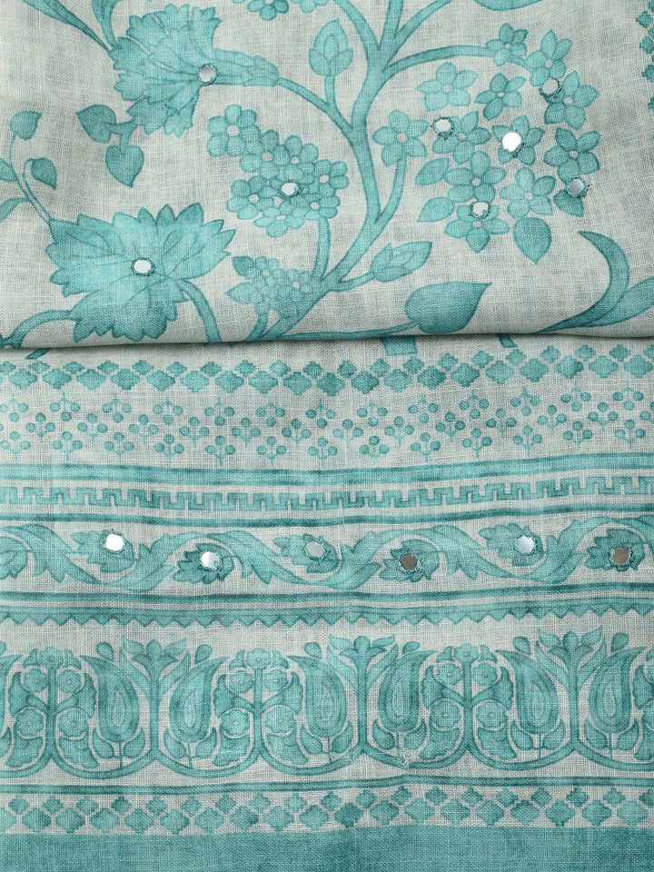 Sea Green Printed Linen Unstitched Dress Material