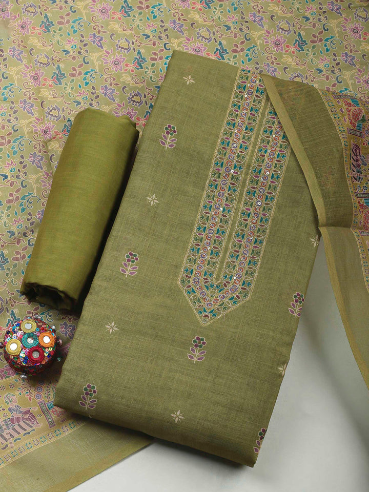 Green Embroidery Cotton Blend Unstitched Dress Material