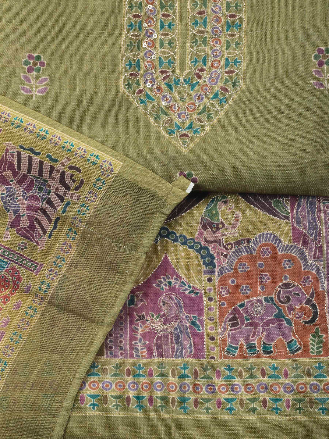 Green Embroidery Cotton Blend Unstitched Dress Material