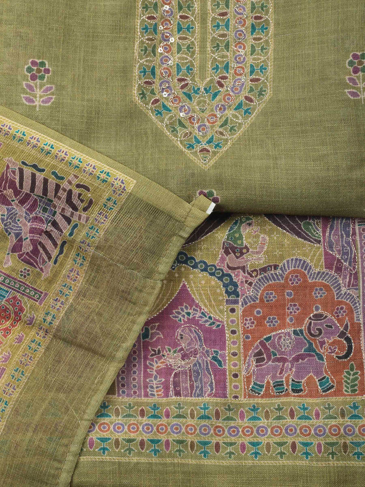 Green Embroidery Cotton Blend Unstitched Dress Material
