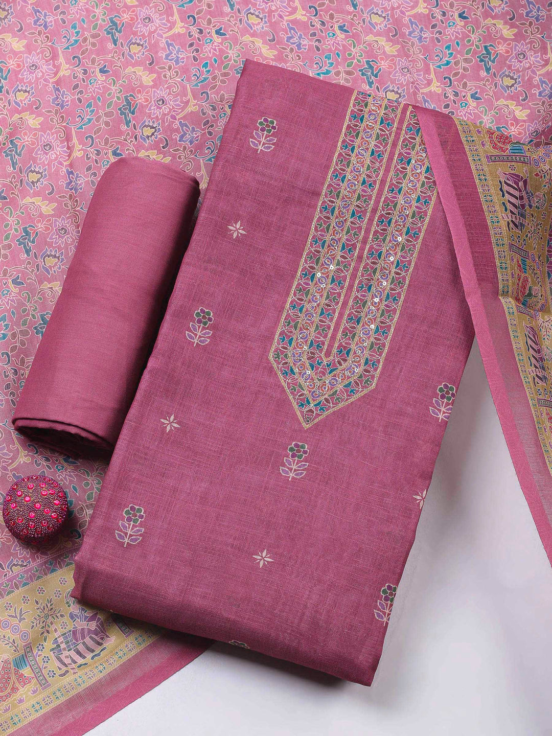Onion Pink Embroidery Cotton Blend Unstitched Dress Material