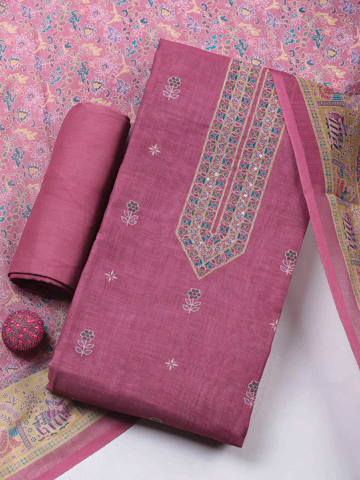 Onion Pink Embroidery Cotton Blend Unstitched Dress Material