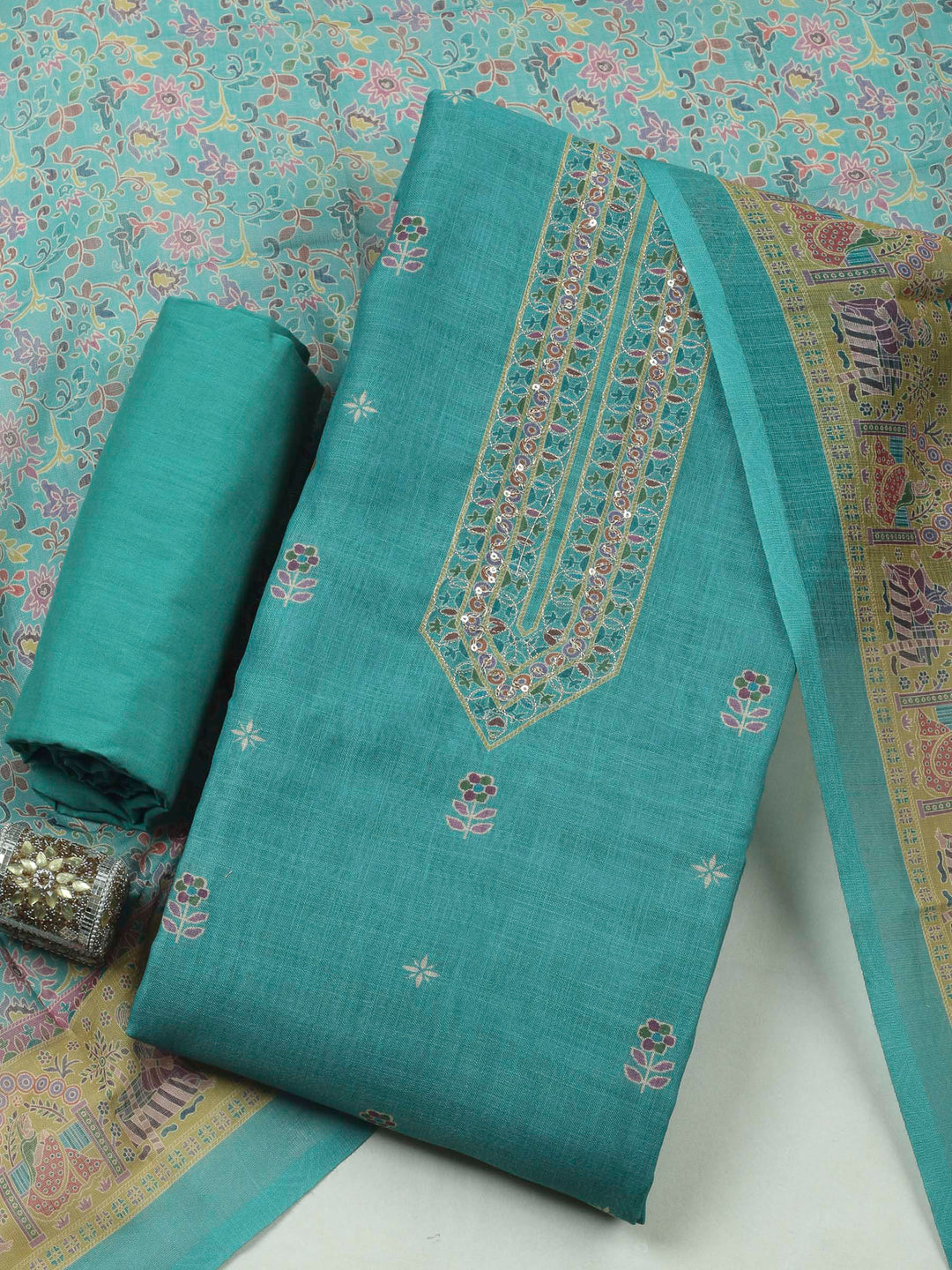 Rama Green Embroidery Cotton Blend Unstitched Dress Material